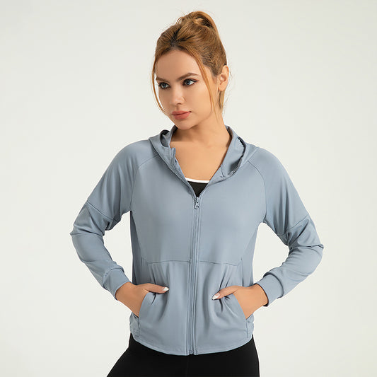 Women's Full-Zip Hooded Yoga Jacket | Loose Fit Activewear Running Cardigan with Pockets