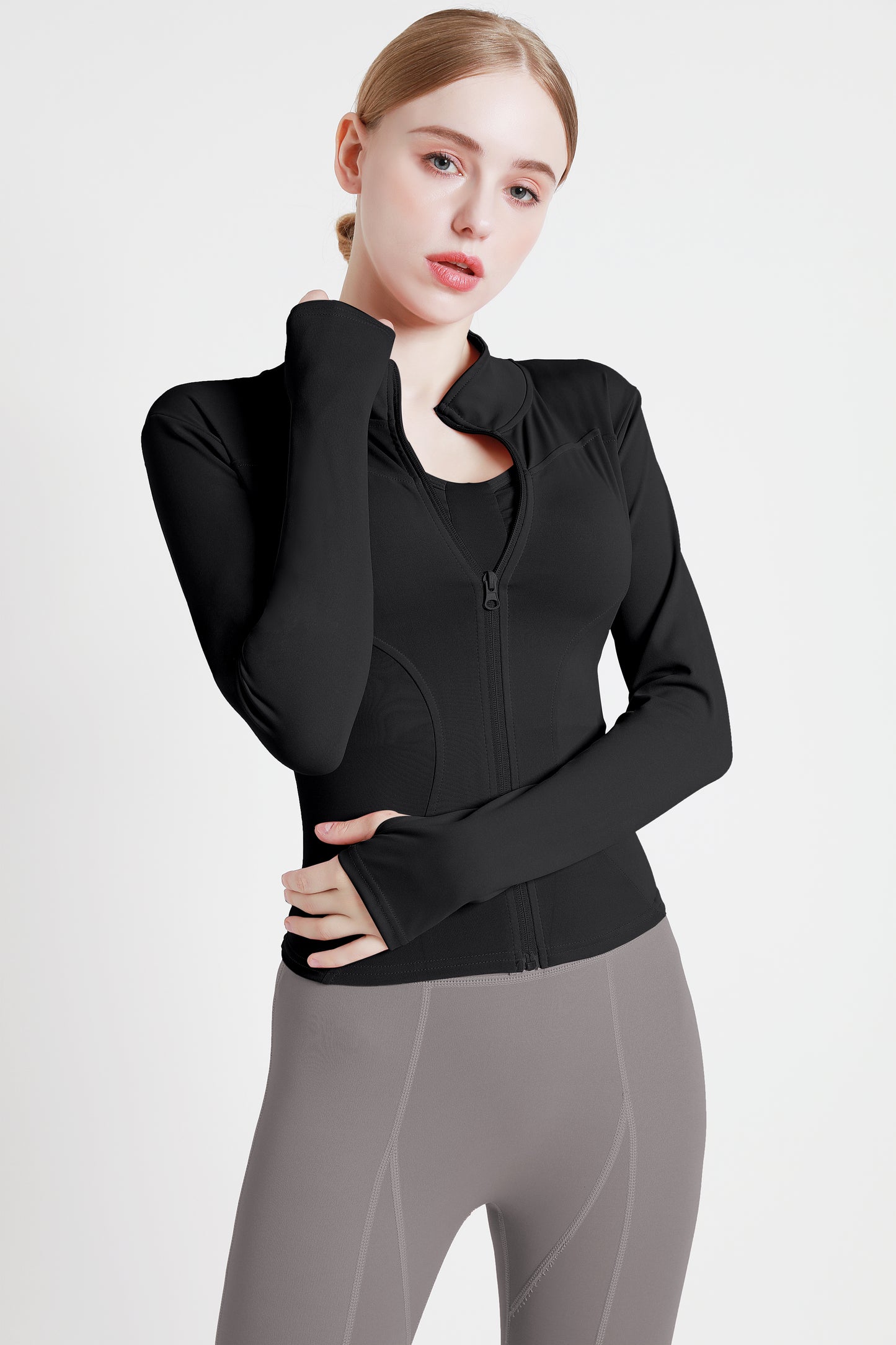 Women's Slimming Full-Zip Yoga Jacket | Stand-Up Collar Activewear with Thumb Holes