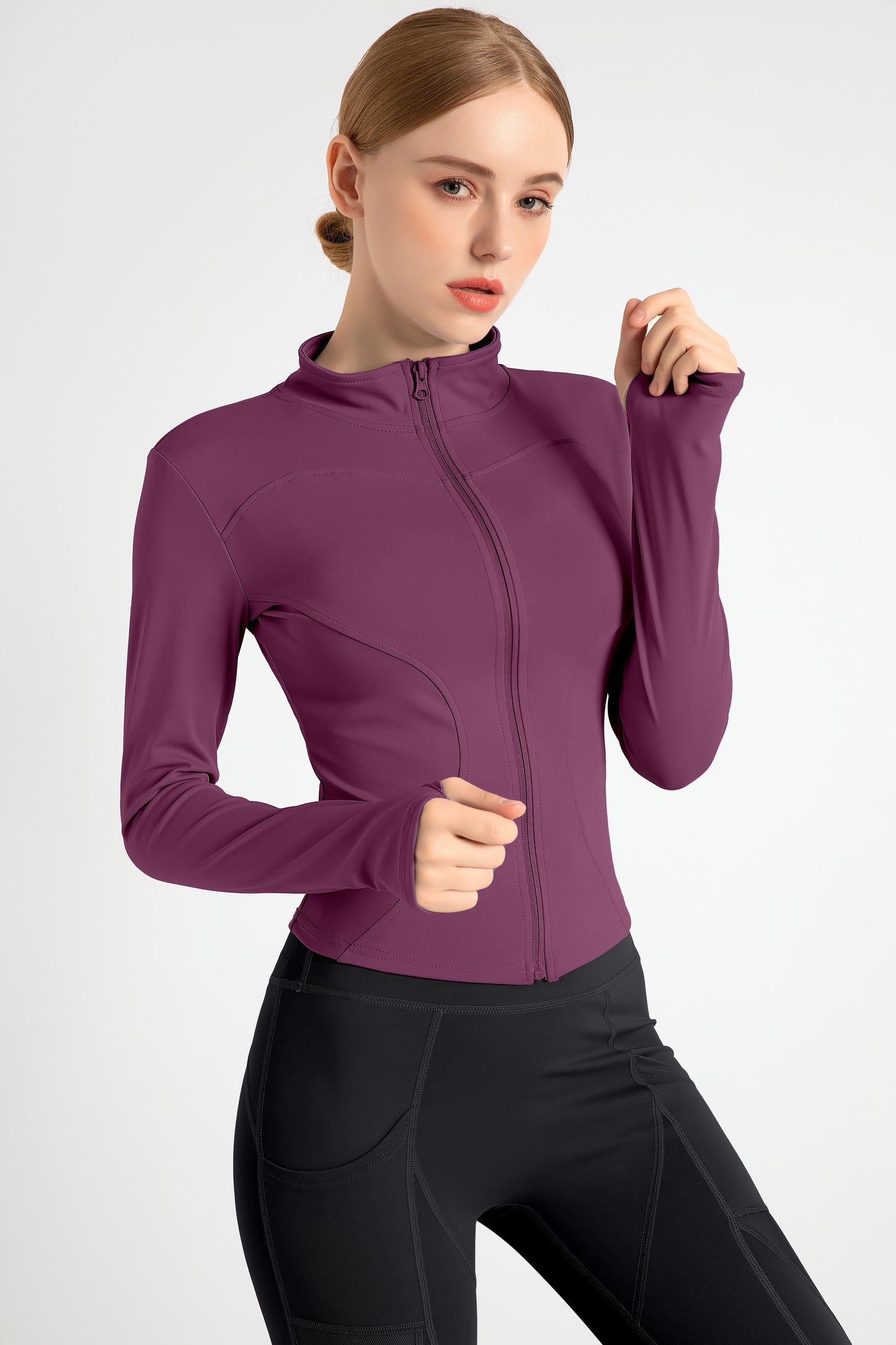 Women's Slimming Full-Zip Yoga Jacket | Stand-Up Collar Activewear with Thumb Holes