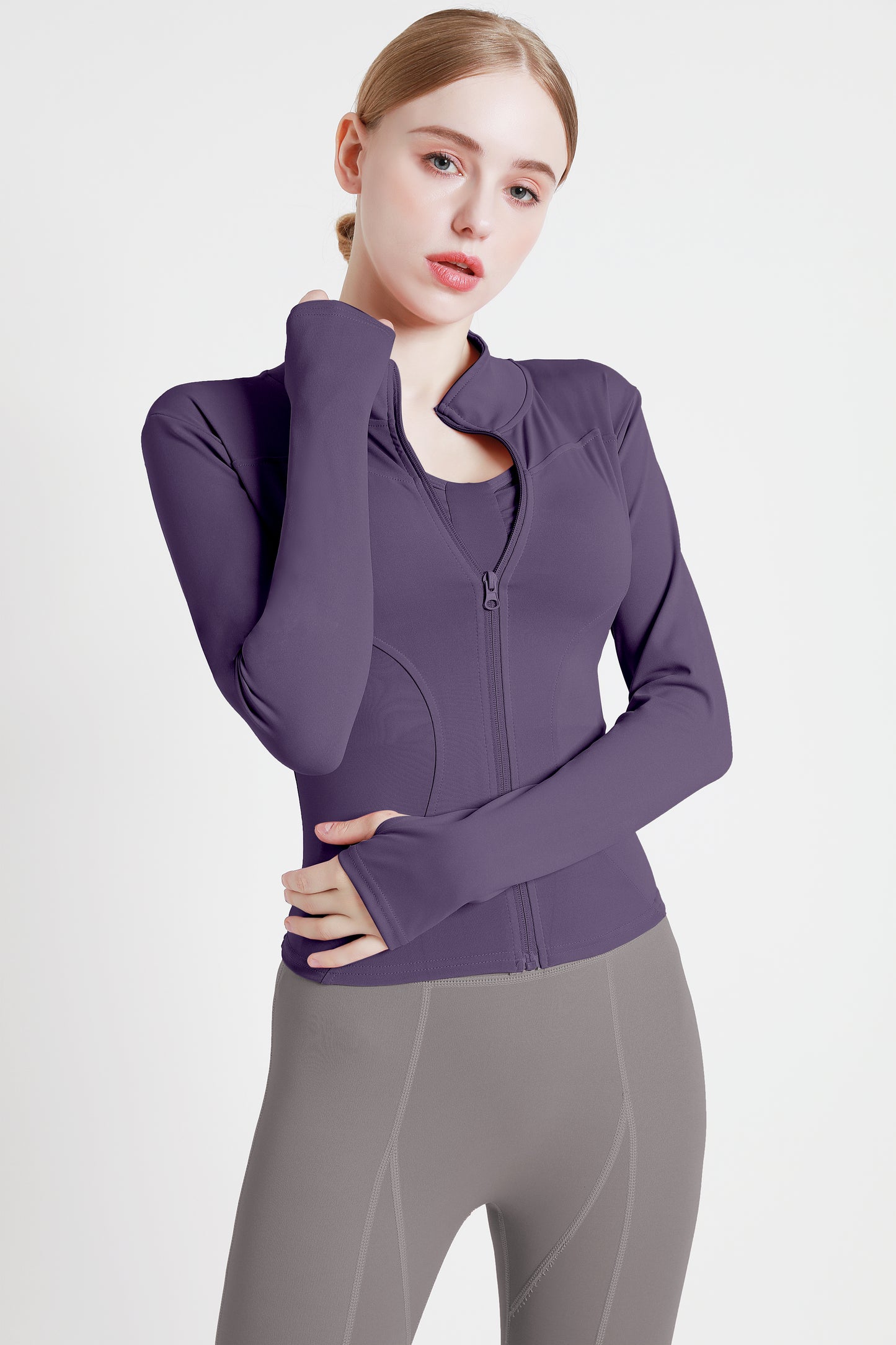 Women's Slimming Full-Zip Yoga Jacket | Stand-Up Collar Activewear with Thumb Holes