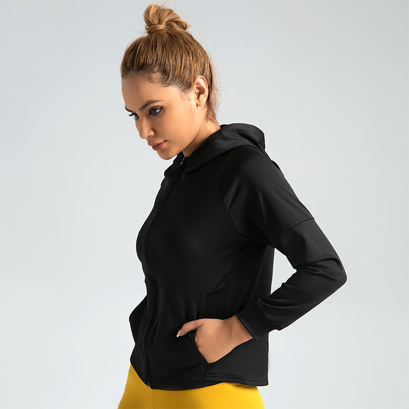 Women's Full-Zip Hooded Yoga Jacket | Loose Fit Activewear Running Cardigan with Pockets