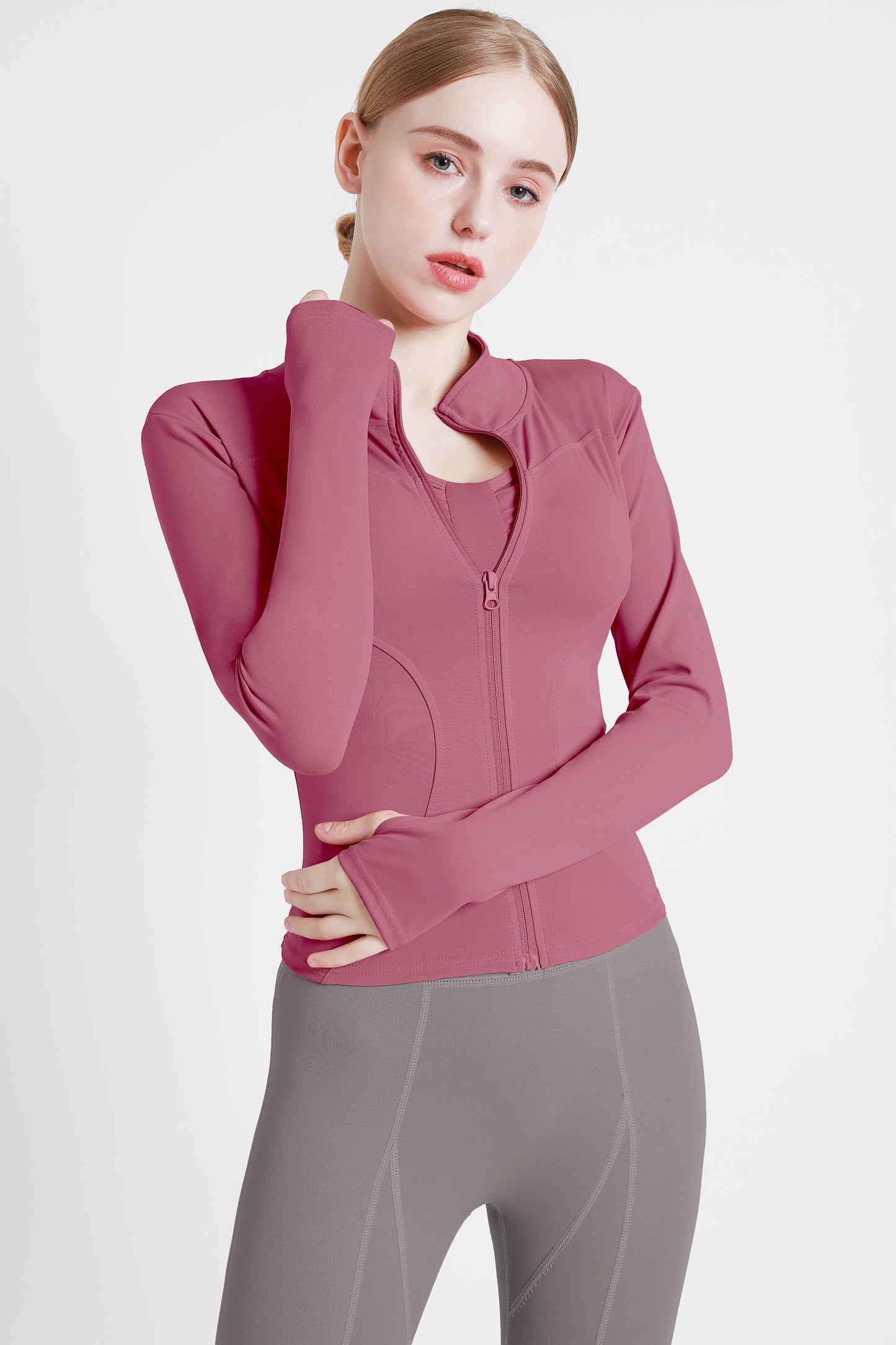 Women's Slimming Full-Zip Yoga Jacket | Stand-Up Collar Activewear with Thumb Holes
